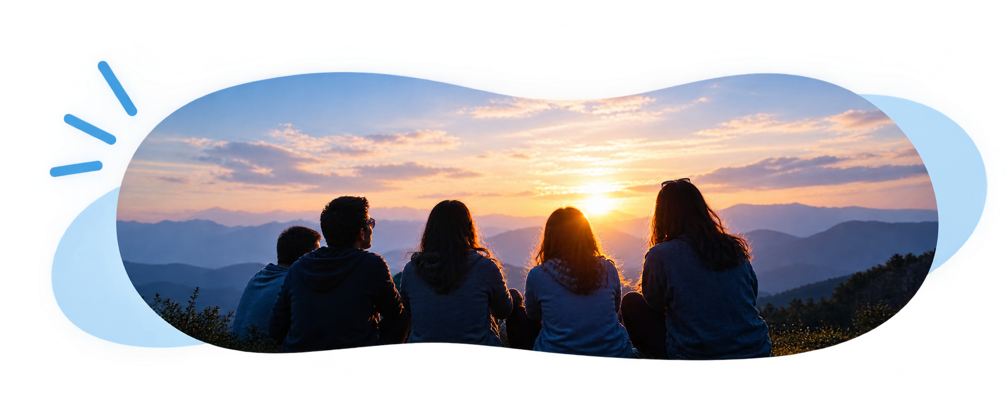 Group of people sitting together watching a sunset, representing a supportive community